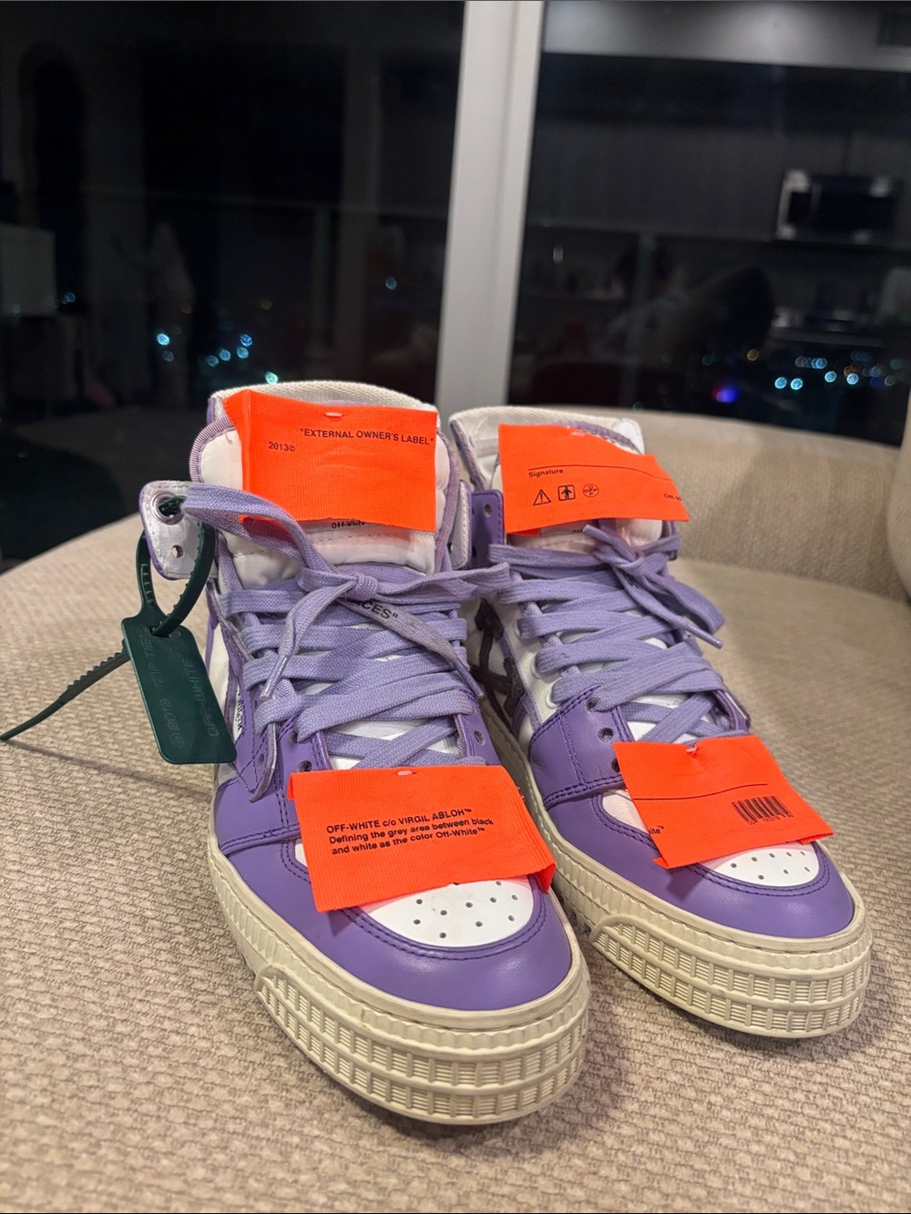 Off-White Women’s Lavender and White High-Top Sneakers with Orange Tags